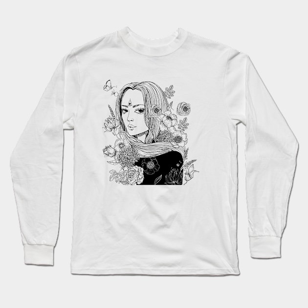 Floral Girl Line Art. Flowers Art, Black and White Girl Art Long Sleeve T-Shirt by EquilibriumArt